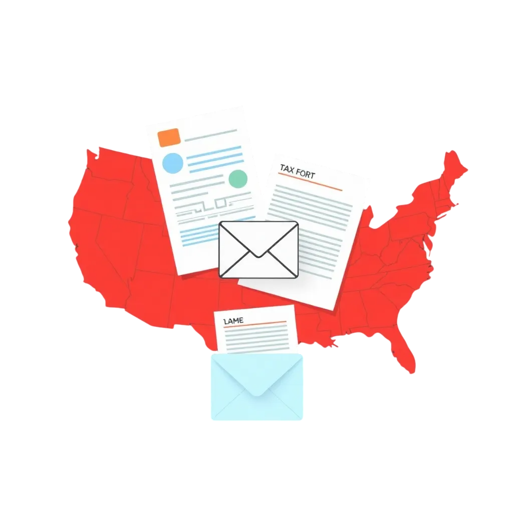 Map of the United States with tax forms and an envelope icon